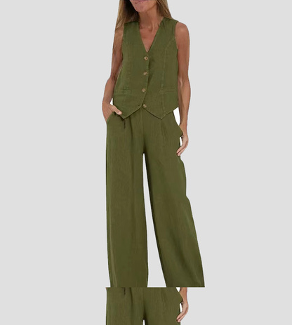 Aira™ - Buttoned Vest & Wide-Leg Trousers Set